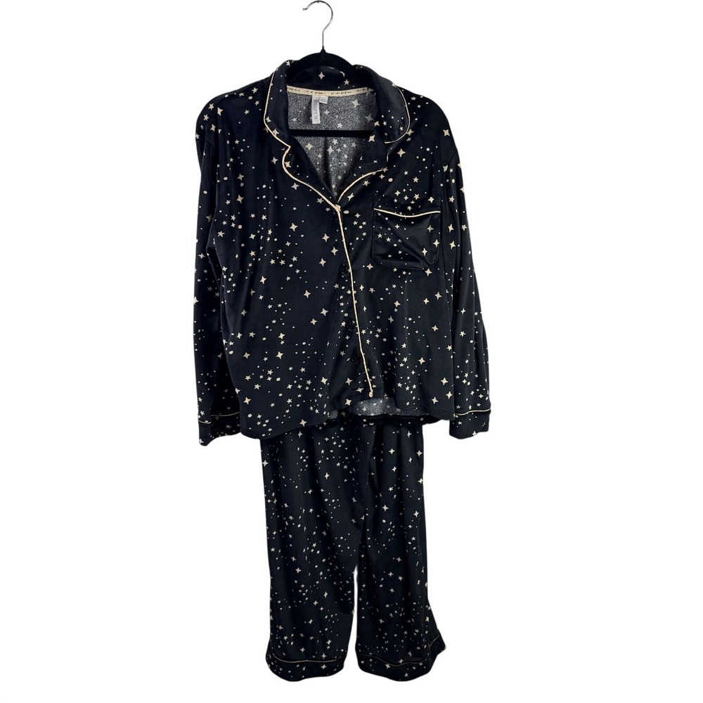 Joyspun Womens Size Large Black Star Print Velour Pajama Set